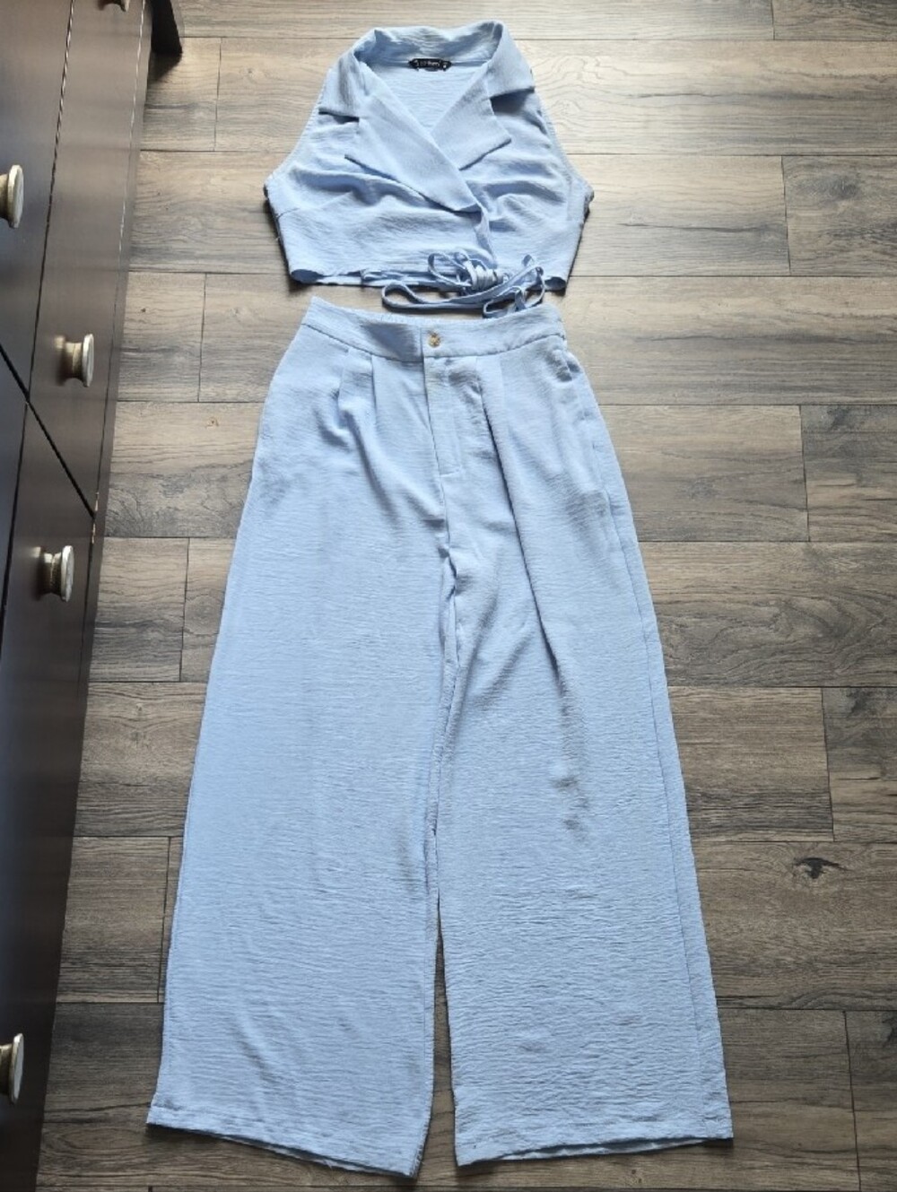 Light Blue Sleeveless Collared Wrap Tie Waist Jumpsuit Vacation Summer Party